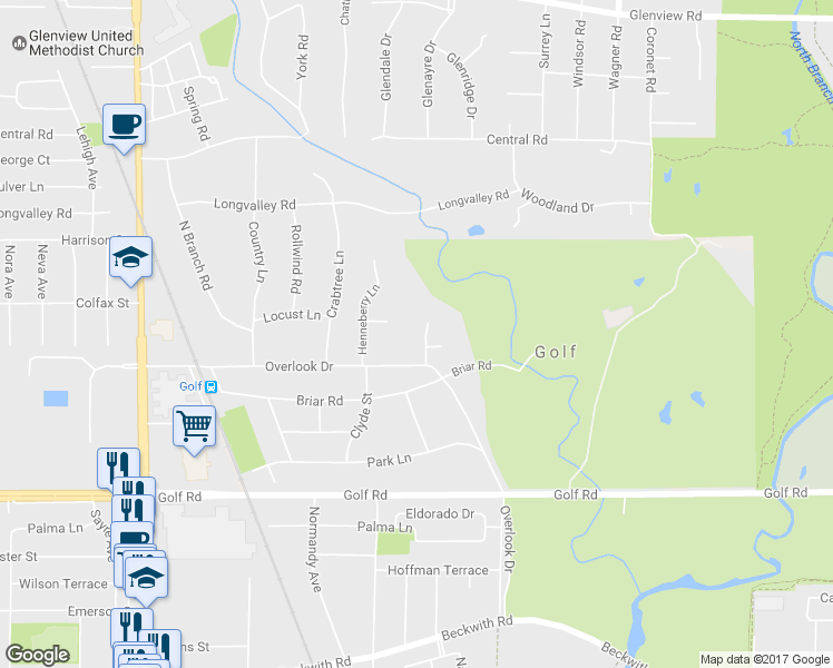 map of restaurants, bars, coffee shops, grocery stores, and more near 2 Orchard Lane in Golf