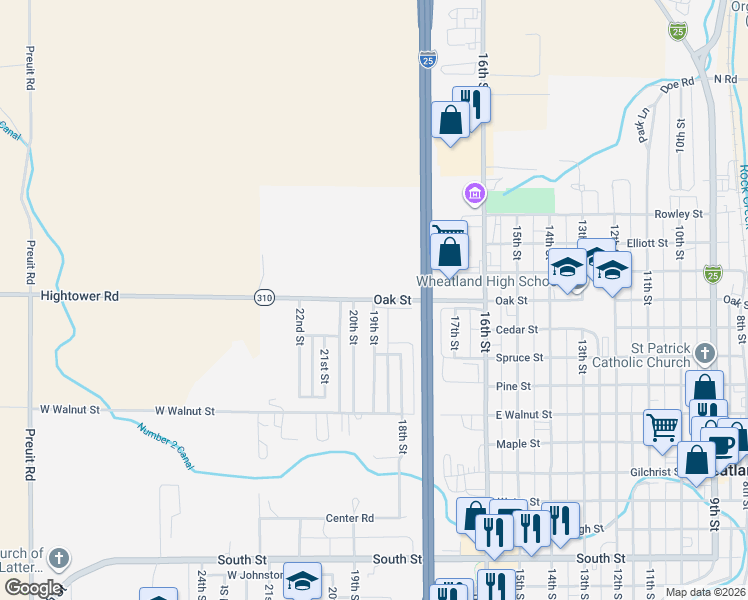 map of restaurants, bars, coffee shops, grocery stores, and more near 1898 Oak Street in Wheatland