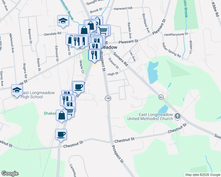 map of restaurants, bars, coffee shops, grocery stores, and more near 152 Prospect Street in East Longmeadow