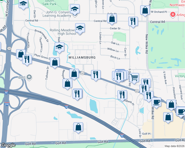 map of restaurants, bars, coffee shops, grocery stores, and more near 4955 Kimball Hill Drive in Rolling Meadows