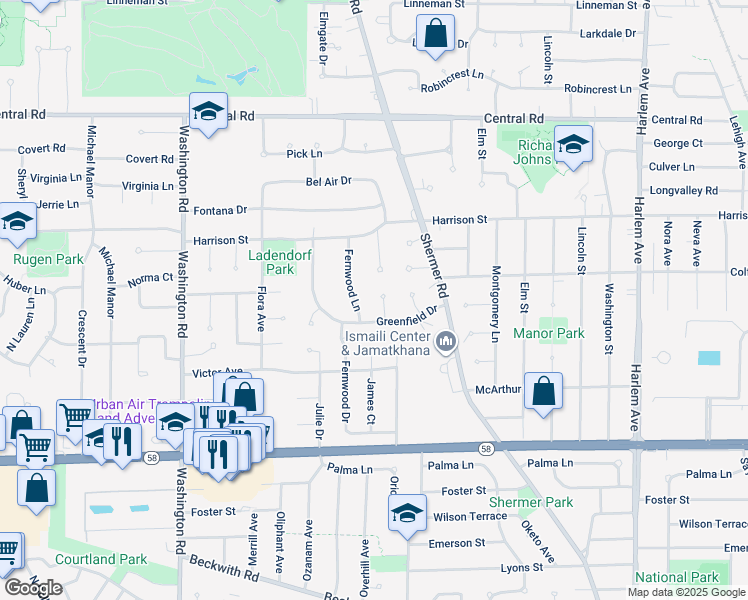 map of restaurants, bars, coffee shops, grocery stores, and more near 2328 Greenfield Drive in Glenview
