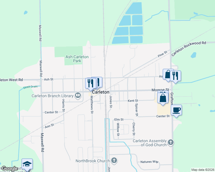 map of restaurants, bars, coffee shops, grocery stores, and more near 12751 Jones Street in Carleton