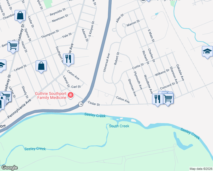 map of restaurants, bars, coffee shops, grocery stores, and more near 314 Universal Avenue in Elmira