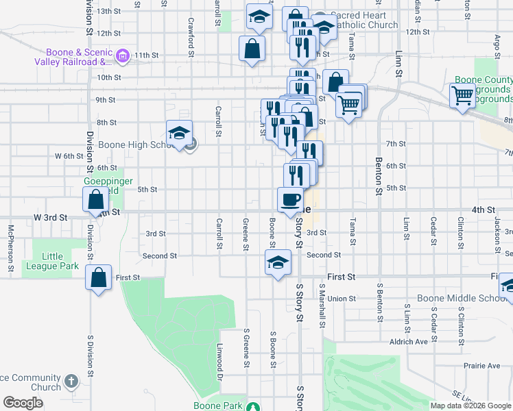 map of restaurants, bars, coffee shops, grocery stores, and more near 409 Boone Street in Boone