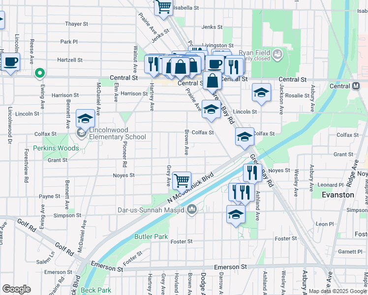 map of restaurants, bars, coffee shops, grocery stores, and more near 2314 Brown Avenue in Evanston