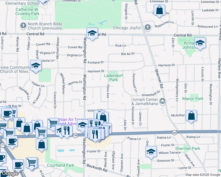 map of restaurants, bars, coffee shops, grocery stores, and more near 235 Flora Avenue in Glenview