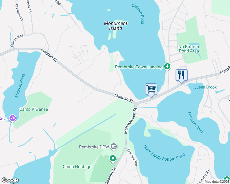 map of restaurants, bars, coffee shops, grocery stores, and more near 43 Maquan Street in Pembroke