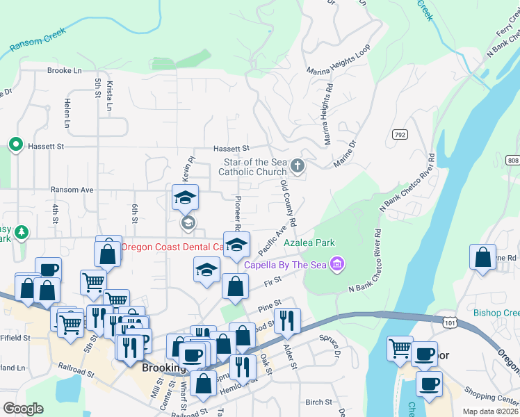 map of restaurants, bars, coffee shops, grocery stores, and more near 513 Rosichelli Drive in Brookings