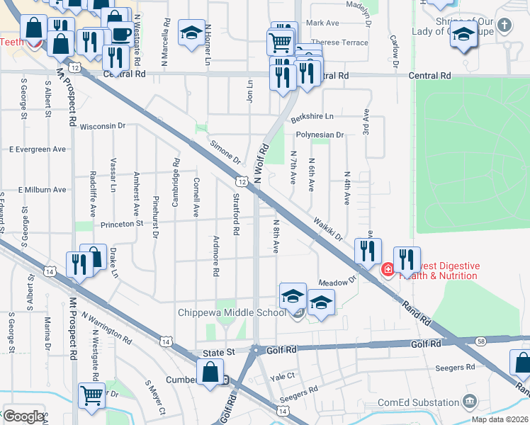 map of restaurants, bars, coffee shops, grocery stores, and more near 562 Princeton Street in Des Plaines