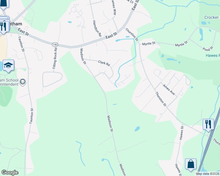 map of restaurants, bars, coffee shops, grocery stores, and more near 190 Cowell Road in Wrentham