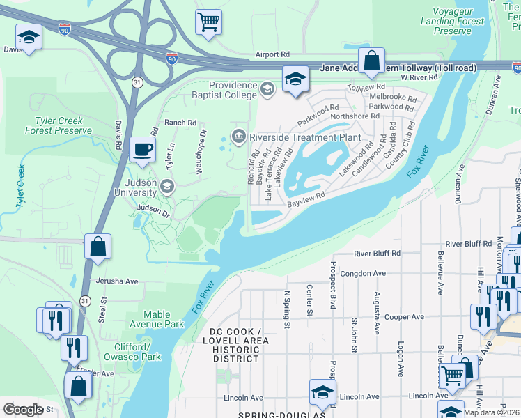 map of restaurants, bars, coffee shops, grocery stores, and more near 301 Bayview Road in Elgin
