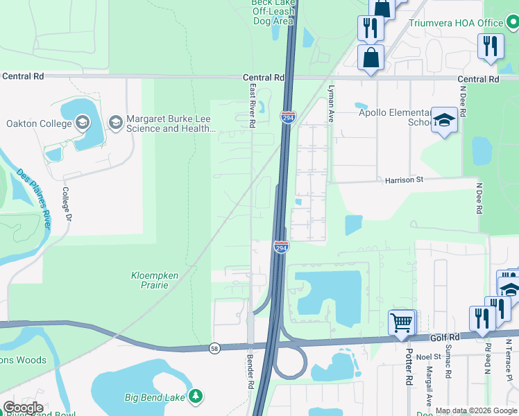 map of restaurants, bars, coffee shops, grocery stores, and more near 375 Oak Trails Road in Des Plaines