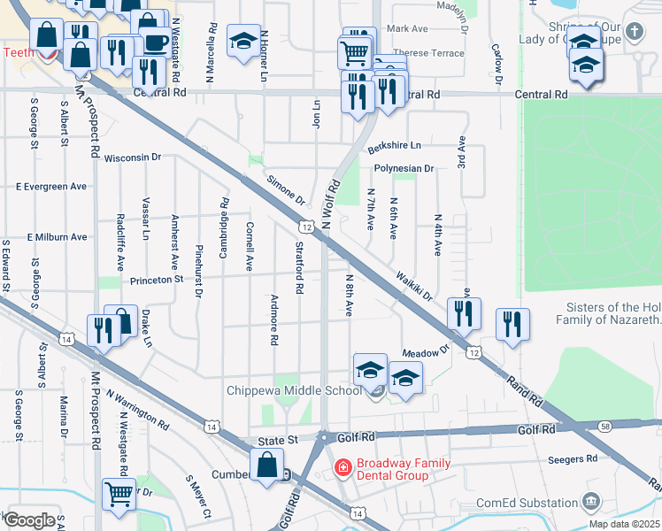 map of restaurants, bars, coffee shops, grocery stores, and more near 560 Princeton Street in Des Plaines