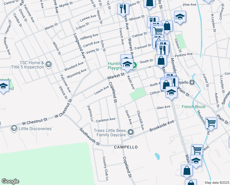 map of restaurants, bars, coffee shops, grocery stores, and more near 46 Copeland Street in Brockton