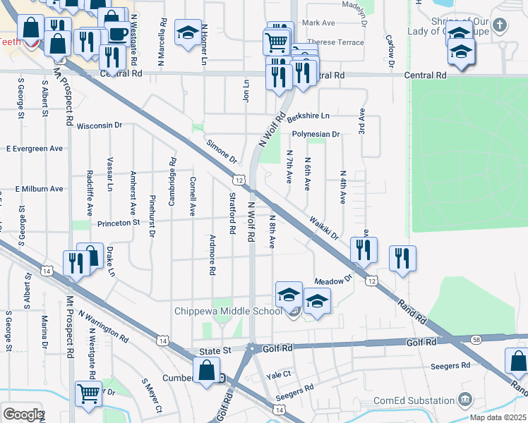 map of restaurants, bars, coffee shops, grocery stores, and more near 566 Princeton Street in Des Plaines