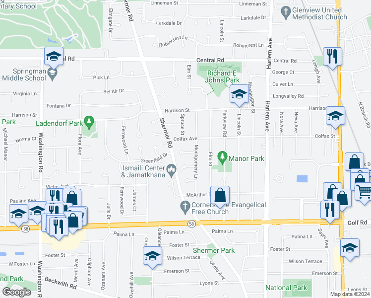map of restaurants, bars, coffee shops, grocery stores, and more near 2144 Walnut Court in Glenview