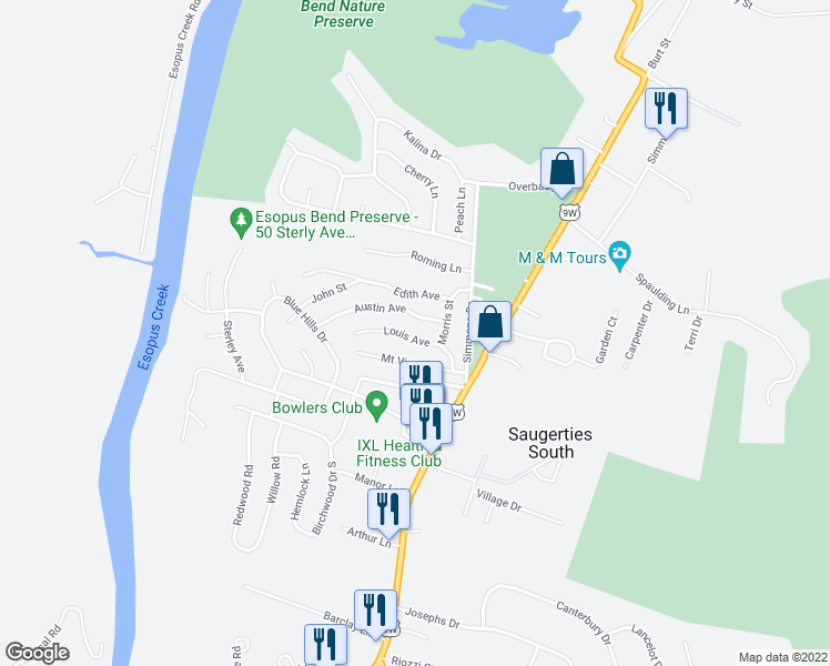 map of restaurants, bars, coffee shops, grocery stores, and more near 10 Louis Avenue in Saugerties