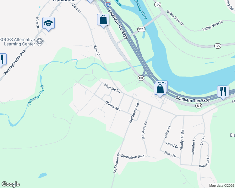 map of restaurants, bars, coffee shops, grocery stores, and more near 1 Wayside Ln in Apalachin