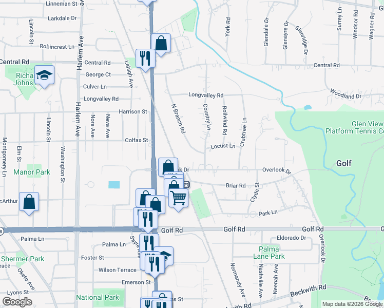 map of restaurants, bars, coffee shops, grocery stores, and more near 240 North Branch Road in Glenview