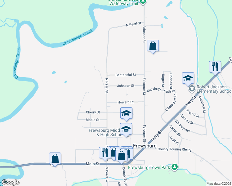 map of restaurants, bars, coffee shops, grocery stores, and more near 104 North Pearl Street in Frewsburg