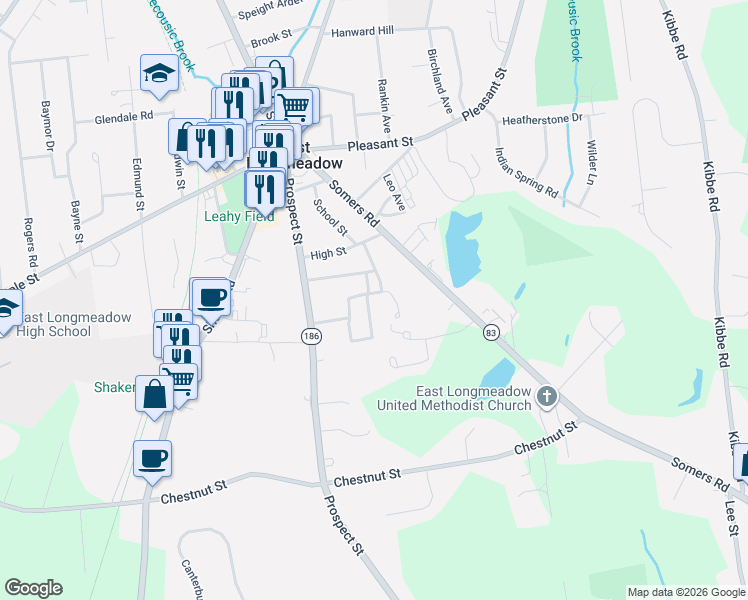 map of restaurants, bars, coffee shops, grocery stores, and more near 69 Westernview Circle in East Longmeadow