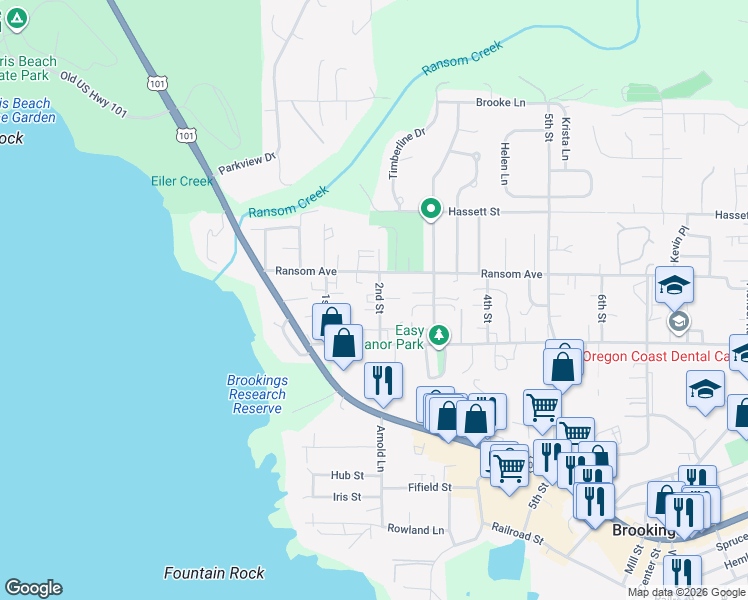 map of restaurants, bars, coffee shops, grocery stores, and more near 735 North 2nd Street in Brookings