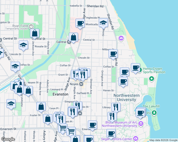 map of restaurants, bars, coffee shops, grocery stores, and more near 2314 Sherman Avenue in Evanston