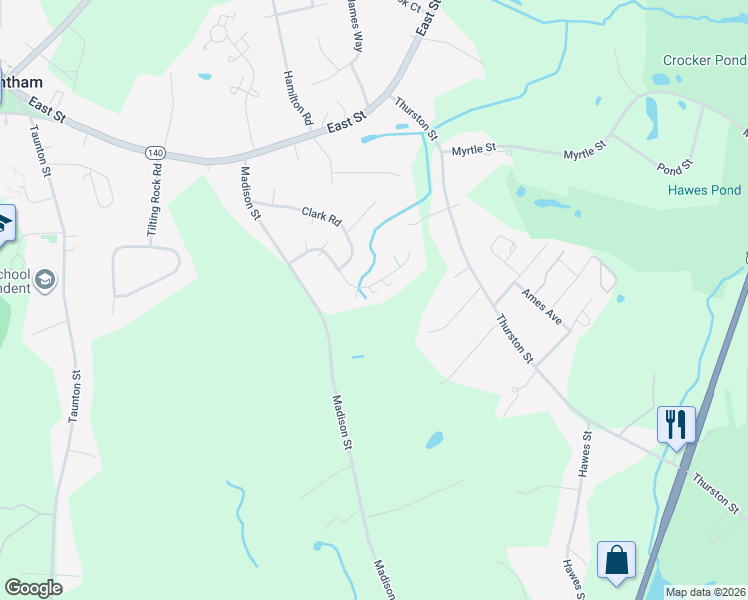 map of restaurants, bars, coffee shops, grocery stores, and more near 270 Cowell Road in Wrentham