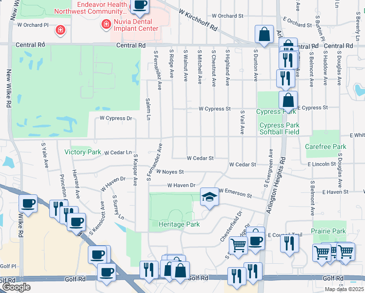 map of restaurants, bars, coffee shops, grocery stores, and more near 1310 South Walnut Avenue in Arlington Heights