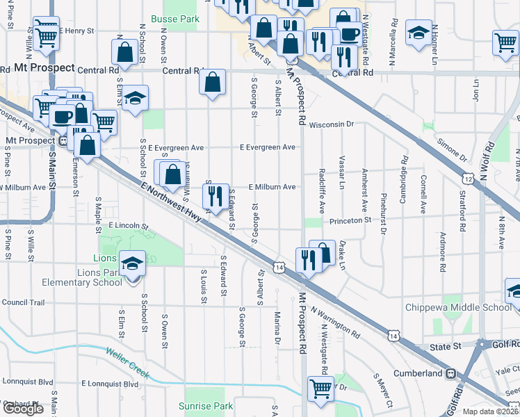 map of restaurants, bars, coffee shops, grocery stores, and more near 313 South George Street in Mount Prospect