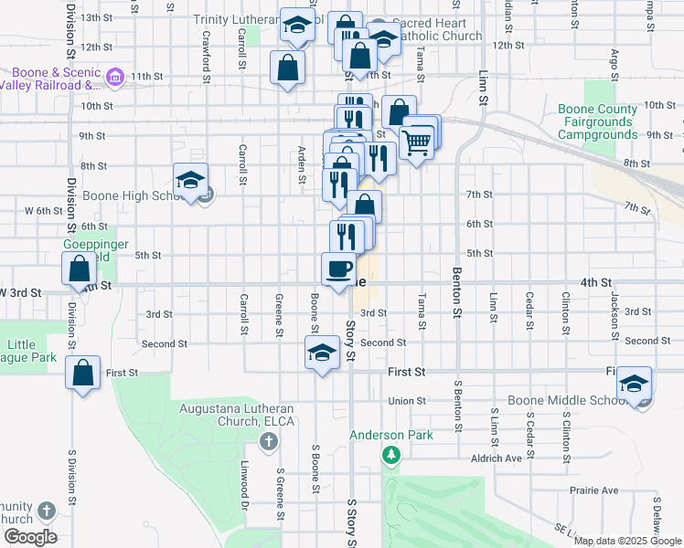 map of restaurants, bars, coffee shops, grocery stores, and more near 403 Story Street in Boone