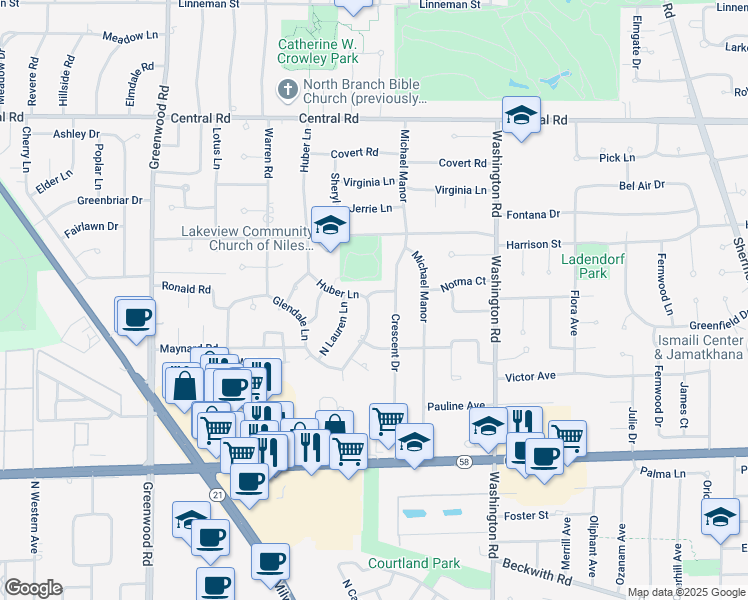 map of restaurants, bars, coffee shops, grocery stores, and more near 9855 North Huber Lane in Niles