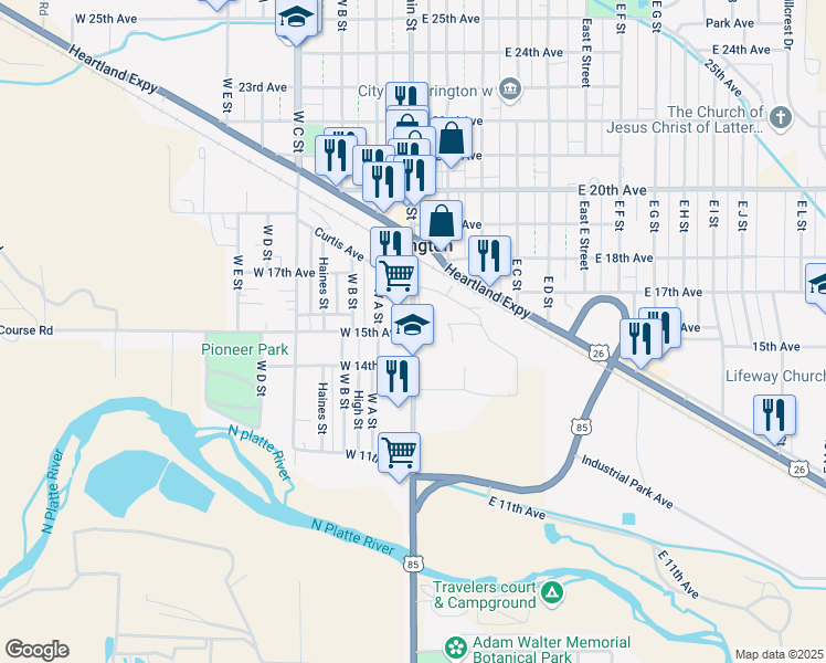 map of restaurants, bars, coffee shops, grocery stores, and more near 100 West 15th Avenue in Torrington
