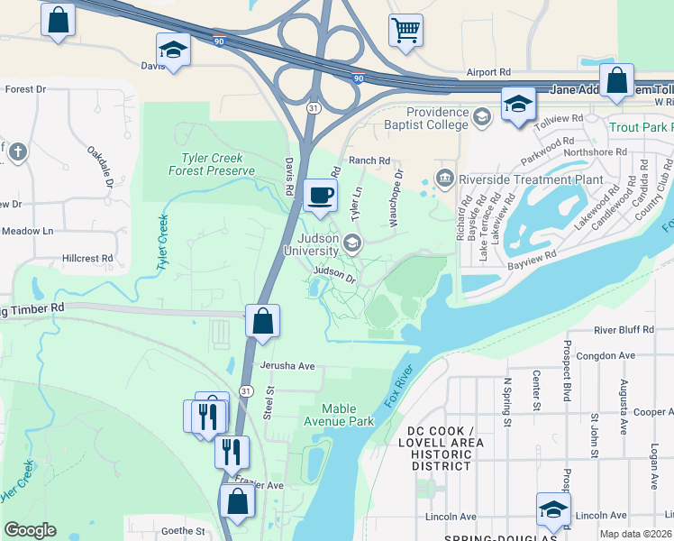 map of restaurants, bars, coffee shops, grocery stores, and more near in Elgin