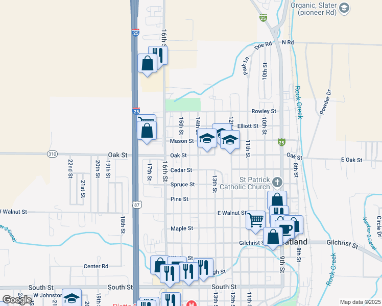 map of restaurants, bars, coffee shops, grocery stores, and more near 1400 Oak Street in Wheatland