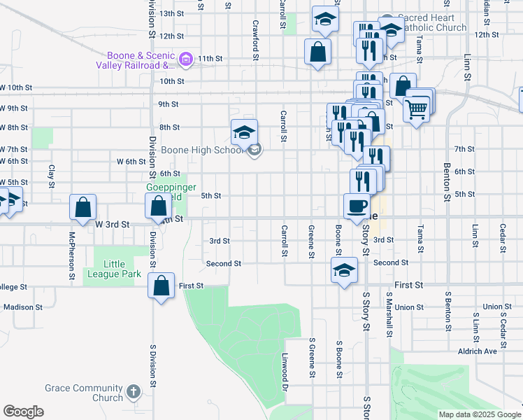 map of restaurants, bars, coffee shops, grocery stores, and more near 410 Crawford Street in Boone