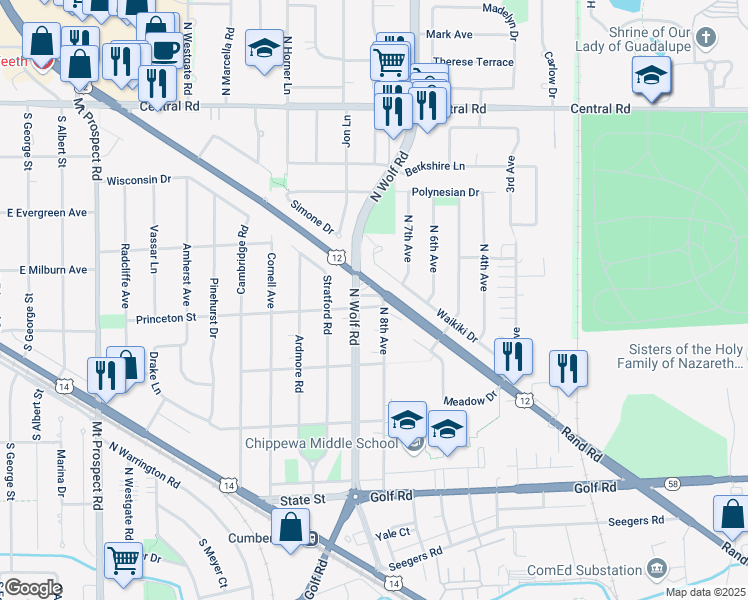 map of restaurants, bars, coffee shops, grocery stores, and more near 570 Princeton Street in Des Plaines