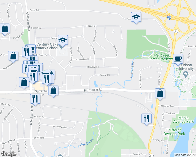 map of restaurants, bars, coffee shops, grocery stores, and more near 983 Hillcrest Road in Elgin