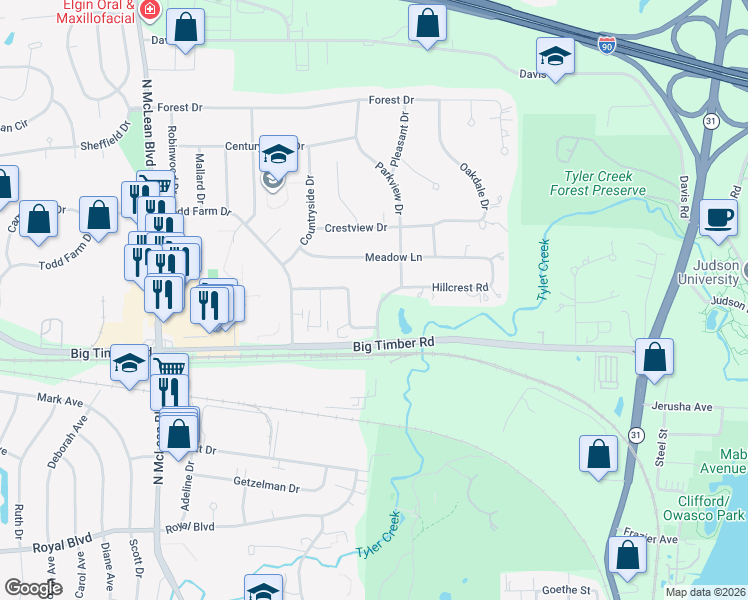map of restaurants, bars, coffee shops, grocery stores, and more near 990 Hillcrest Road in Elgin