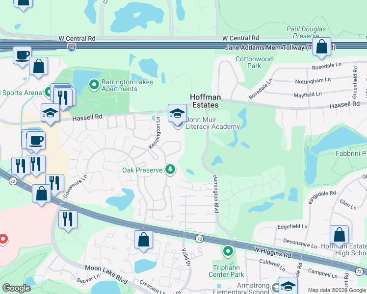 map of restaurants, bars, coffee shops, grocery stores, and more near 1834 Jamestown Circle in Hoffman Estates