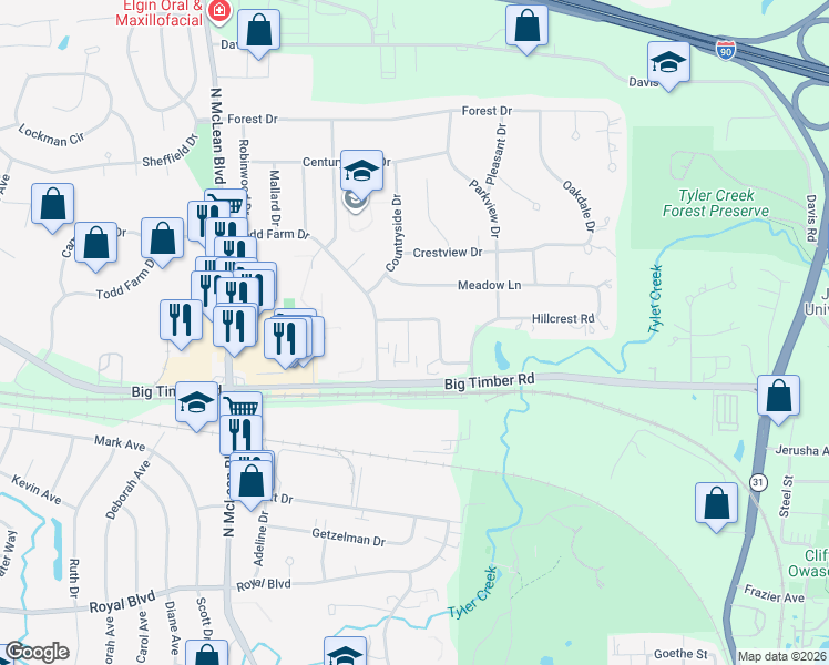 map of restaurants, bars, coffee shops, grocery stores, and more near 1219 Fairwood Court in Elgin