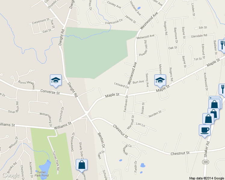 map of restaurants, bars, coffee shops, grocery stores, and more near 281 Maple Street in East Longmeadow