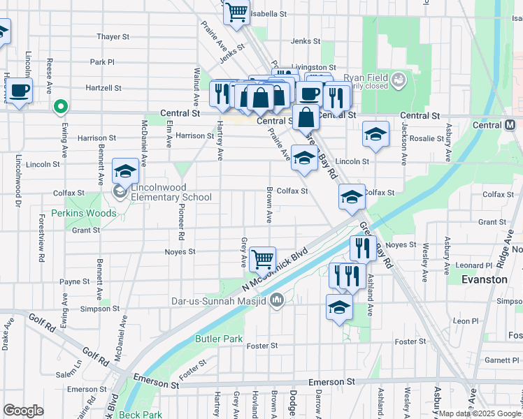 map of restaurants, bars, coffee shops, grocery stores, and more near 2314 Brown Avenue in Evanston