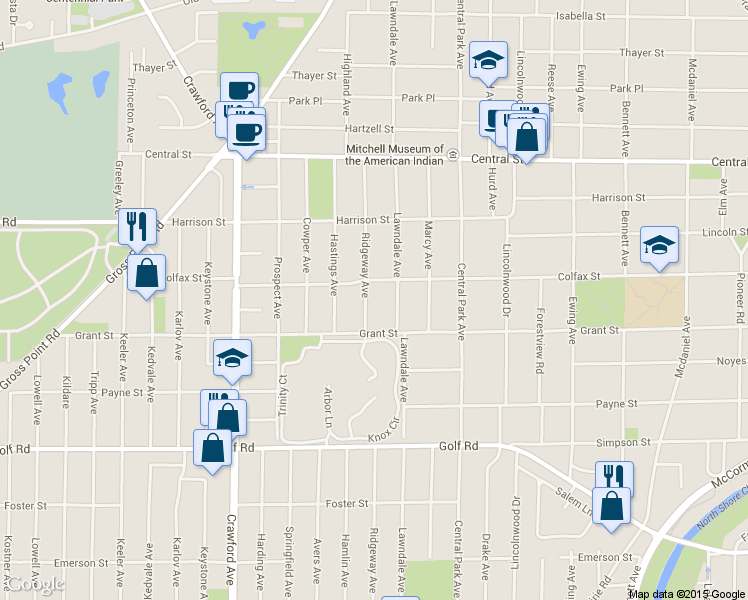 map of restaurants, bars, coffee shops, grocery stores, and more near 2329 Ridgeway Ave in Evanston