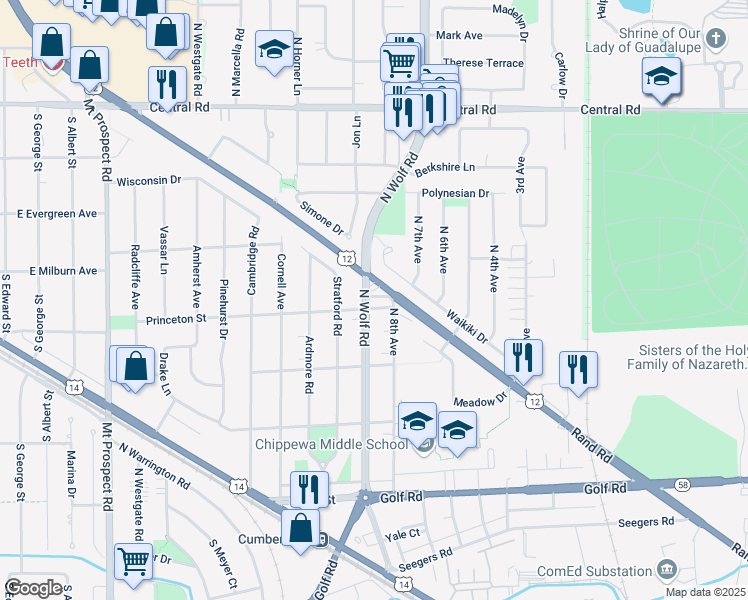 map of restaurants, bars, coffee shops, grocery stores, and more near 414 North Wolf Road in Des Plaines