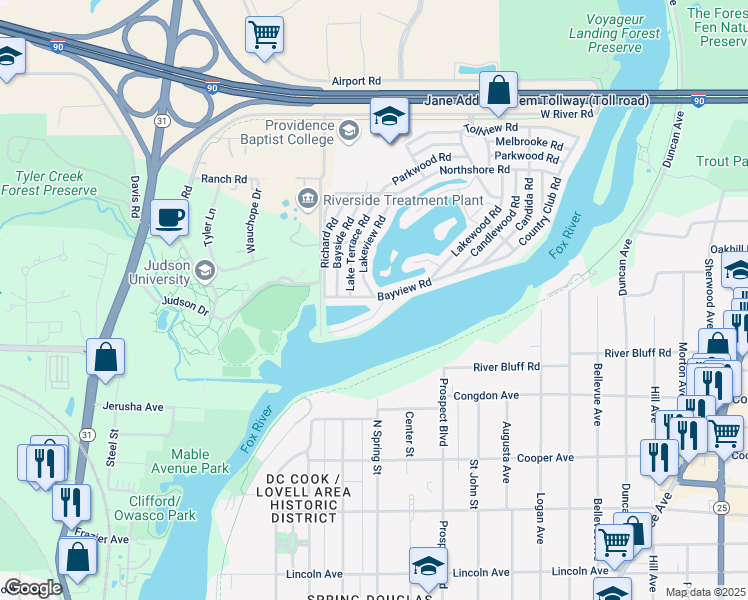 map of restaurants, bars, coffee shops, grocery stores, and more near 291 Bayview Road in Elgin