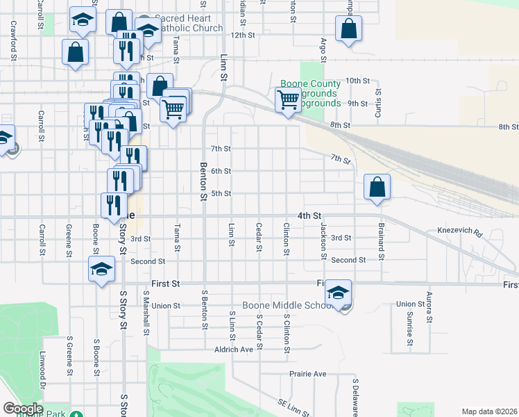map of restaurants, bars, coffee shops, grocery stores, and more near 410 Cedar Street in Boone