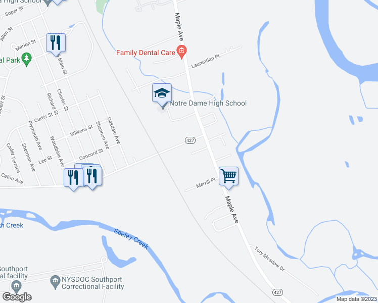 map of restaurants, bars, coffee shops, grocery stores, and more near 316 Hammond Terrace in Elmira