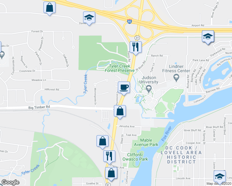 map of restaurants, bars, coffee shops, grocery stores, and more near 1070 Florimond Drive in Elgin