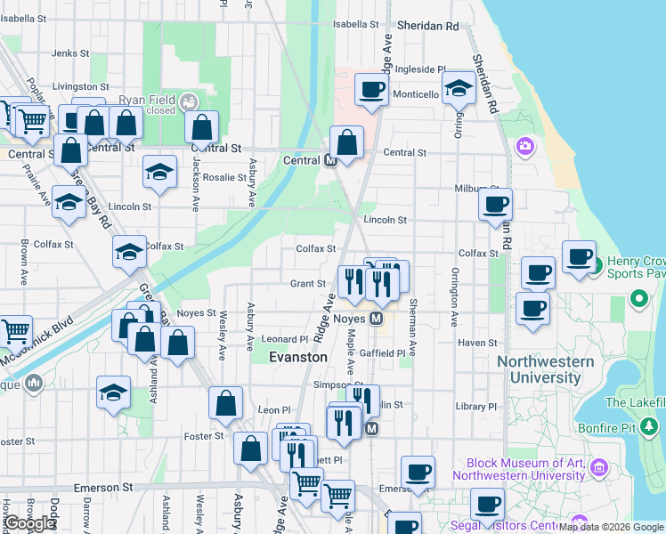 map of restaurants, bars, coffee shops, grocery stores, and more near 2318 Ridge Avenue in Evanston